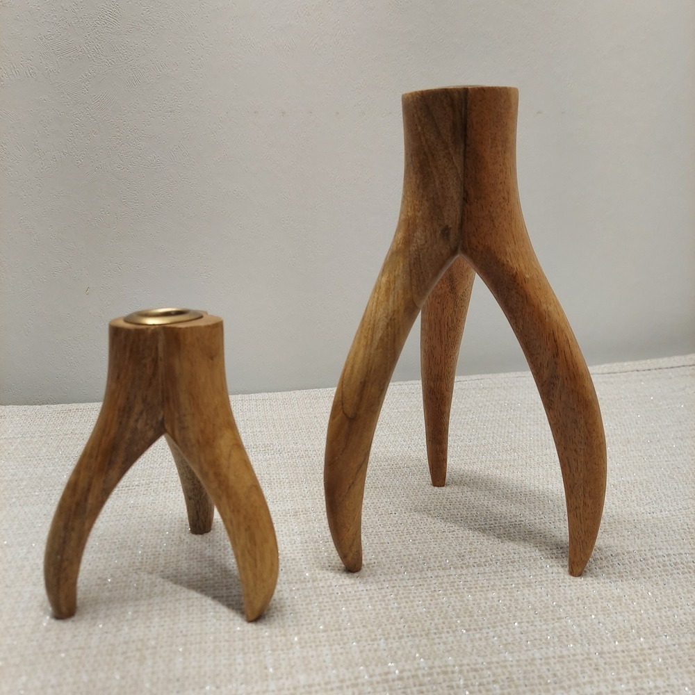 Vintage Mid Century Modern Wood Antler Taper Candle Holders Set of 2